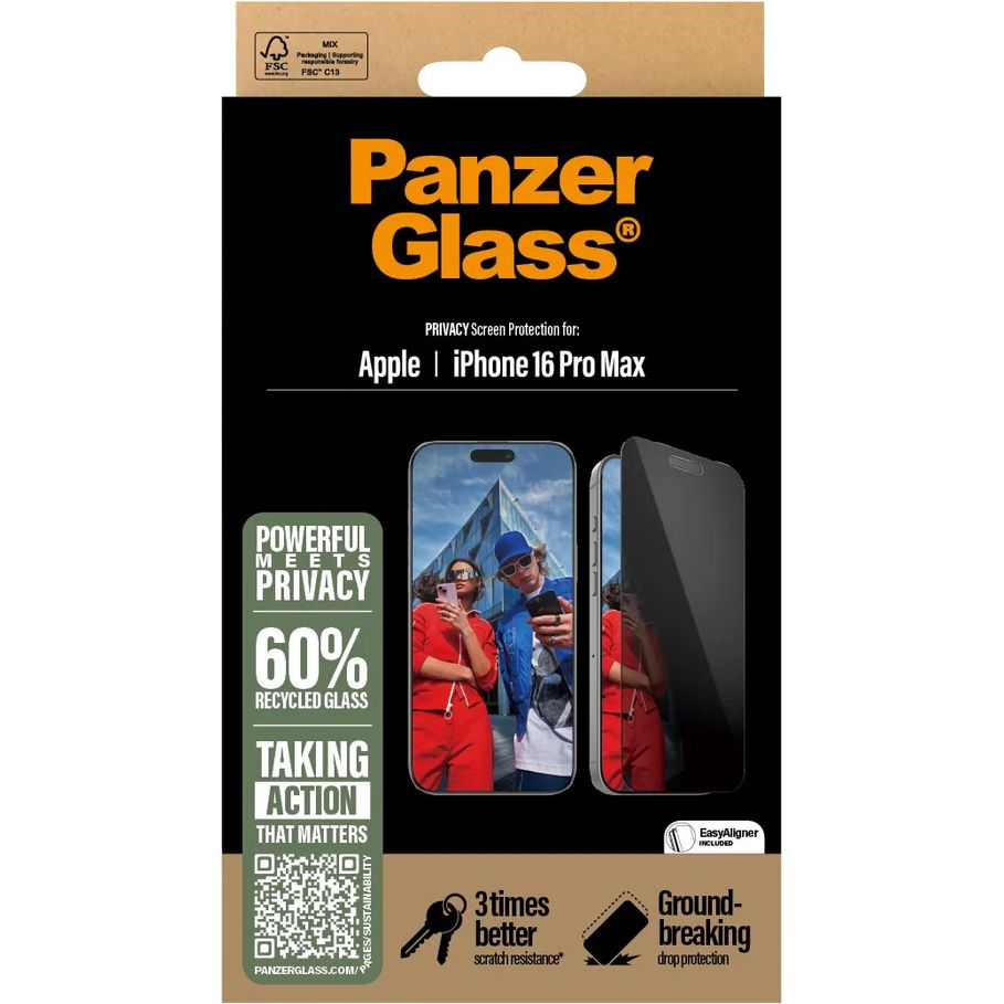 Szkło hartowane na cały ekran PanzerGlass Ultra-Wide Fit Privacy + EasyAligner do iPhone 16 Pro Max, przyciemniane z czarną ramką